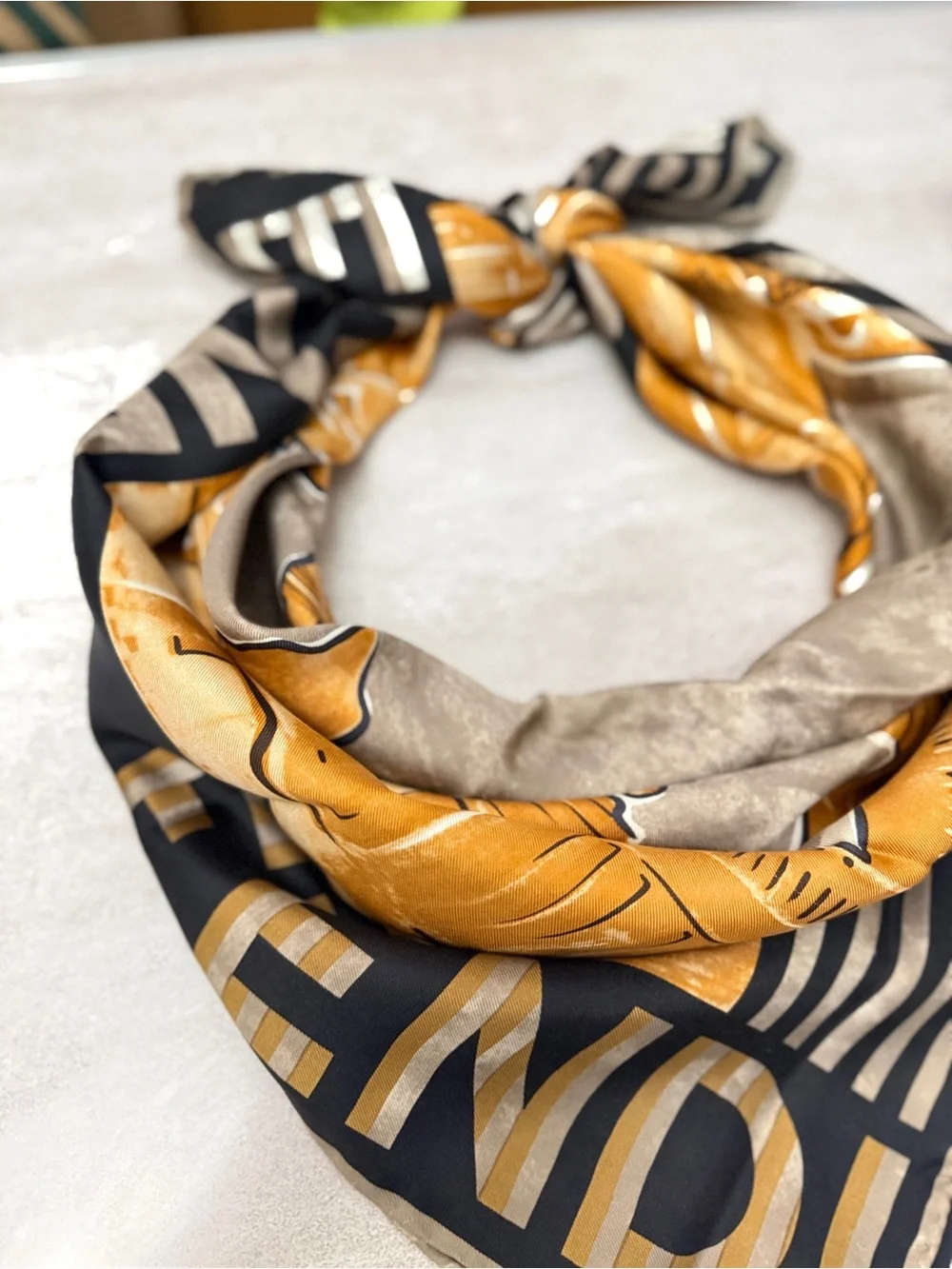 Fendi Gold and Gray Architectural Motif Silk Scarf